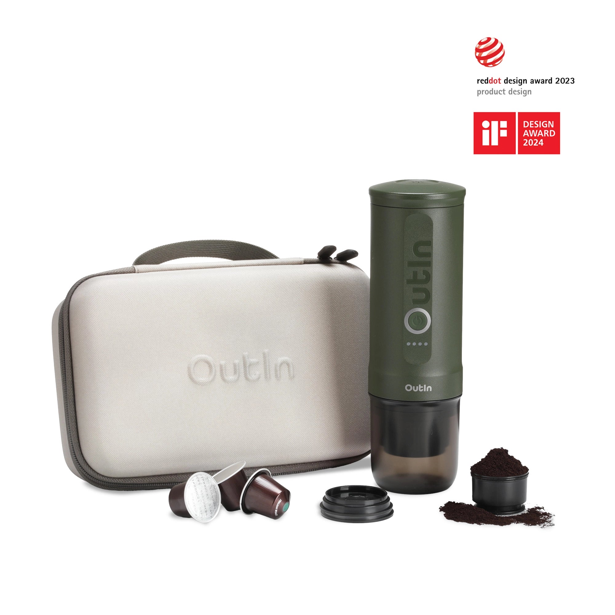Преносима кафемашина Outin Nano в цвят Forest Green с калъф, за пътуване, онлайн

5